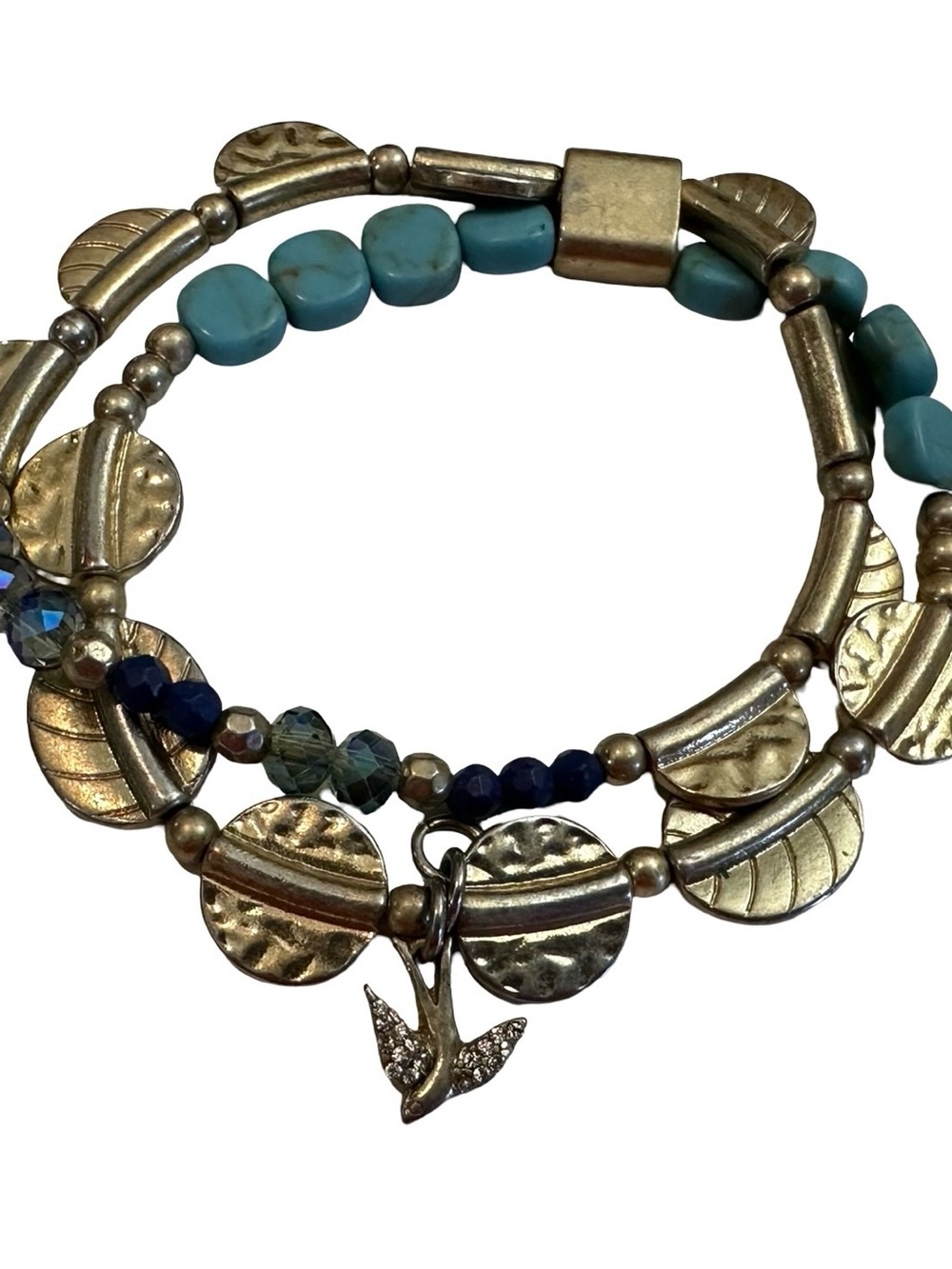 Artisan Gold-Tone Multi-Strand Bracelet with Turquoise and Navy Beads